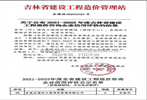 2021-2022年度吉林省建設(shè)工程造價(jià)咨詢企業(yè)信用評(píng)價(jià)A級(jí)